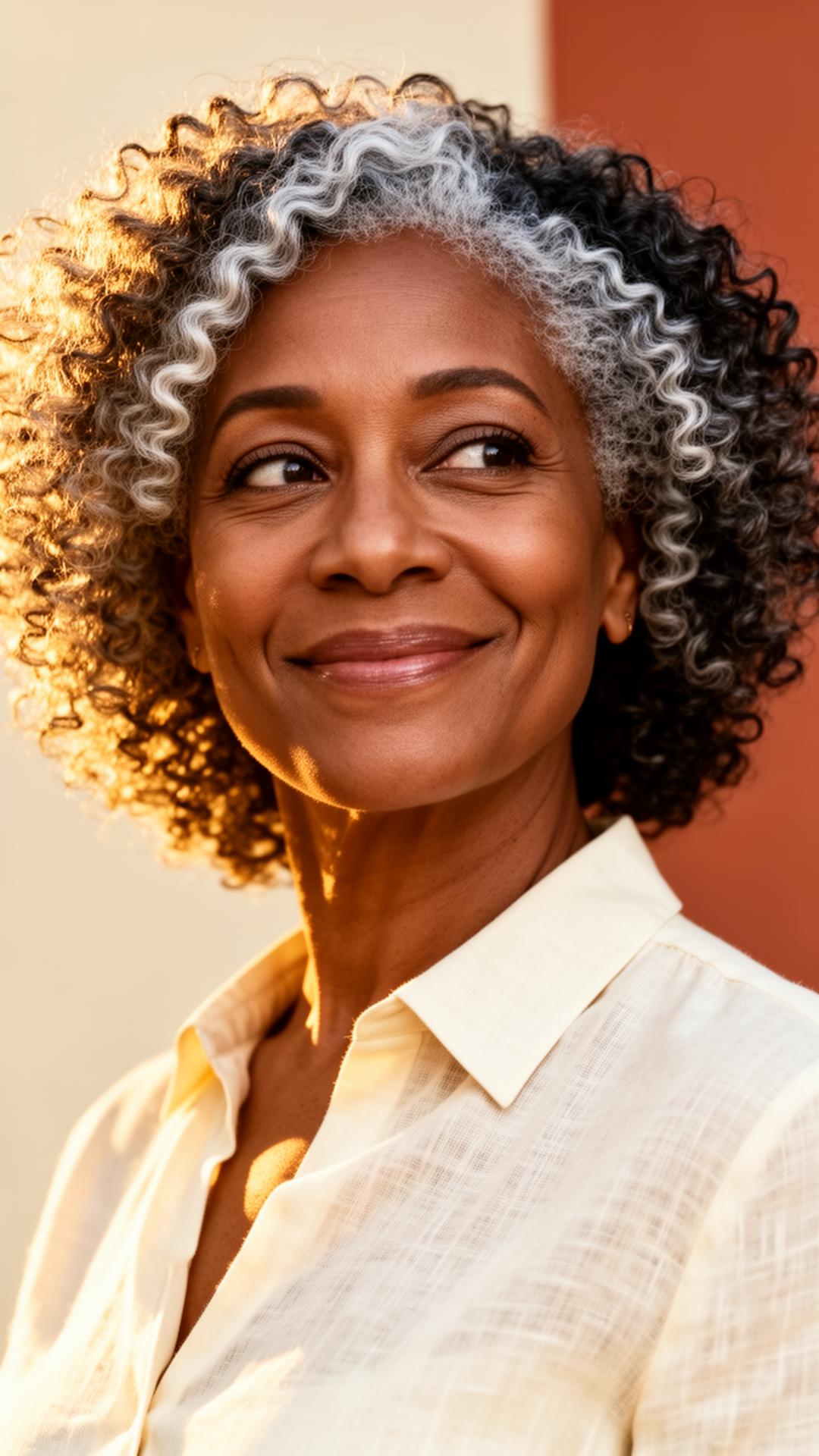 Black woman in her 50s with silver natural hair smiling in warm light